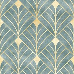 a blue and gold wallpaper with an art deco design