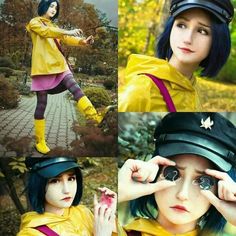 four pictures of a woman in yellow and purple clothing, with her hands on her head