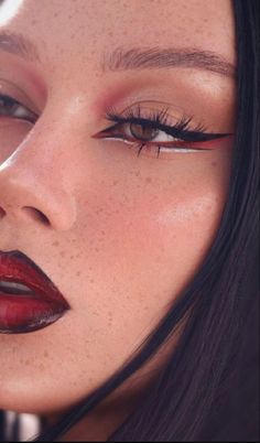 Red White And Black Makeup Looks, Eyeshadow Looks Red And Black, Red And Black Makeup Full Face, Black Red And White Makeup, Black And Red Makeup Ideas, Dark Red Eye Makeup Looks, Red Black Lip Combo, Red Black Eyeliner, Black Lined Red Lips