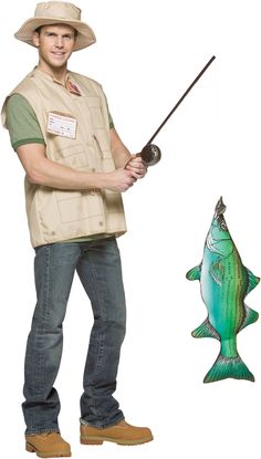 a man is holding a fishing rod and standing next to a fish shaped like a fisherman