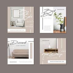 four different brochures with white and beige decor on the front, back and sides