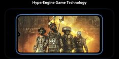 a cell phone with an image of three people in gas masks on it and the text hyper engine game technology