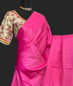 Experience the elegance of traditional Indian fashion with our Plain Pink Pure Kanjivaram Silk Saree. Made from pure, handwoven kanchi pattu silk, this saree is soft and lightweight, making it perfect for any occasion. The delicate pink color adds a touch of femininity, while the hand-painted kalamkari blouses add a unique touch to this classic piece. Pure Kanjivaram Hand woven Plain silk saree withStitched pen kalamkari blouses. blouse size -36 goes upto 40/41  Alterations to the blouse can be requested  video calls 408-667-0781 DETAILS AND CARE Color : Pink Weight : 600 - 800 grams Length : 5.5 m saree + 0.7 m blouse  Width : 48 Inches Fabric :kanjivaram  Craft Description : kanjivaram Wash Care : Dry Wash Only Shipping Time : 5 - 7 Working days We Ship Worldwide SHIPPING AND RETURNS Shi Pink Raw Silk Pre-draped Saree For Puja, Navratri Raw Silk Pink Blouse Piece, Pink Raw Silk Blouse Piece For Navratri, Pink Unstitched Katan Silk Blouse Piece, Pink Raw Silk Saree With Unstitched Blouse, Pink Katan Silk Blouse Piece For Navratri, Pink Bollywood Tussar Silk Blouse Piece, Pink Handloom Raw Silk Pre-draped Saree, Pink Slub Silk Saree In Traditional Drape