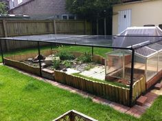 a backyard with a fenced in area and an animal cage on the side of it