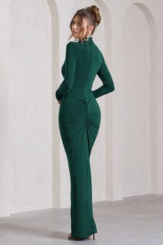 Lynn Bottle Green Ruched High-Neck Split Maxi Dress – Club L London - USA Velvet Prom Dress, Club L London, Bachelorette Party Outfit, Drawstring Detail, Leg Split, Black Dress Prom, Black Tie Gala, Party Dress Long Sleeve, Split Maxi Dress