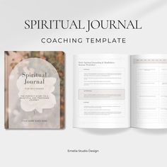 an open book with the words, spirit journal coaching template