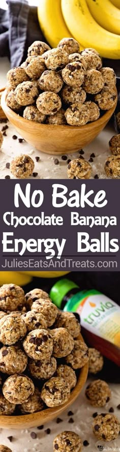 no bake chocolate banana energy balls on a table with bananas in the background and text overlay