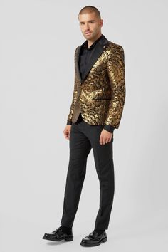 If you hadn't worked it out, we live by a more is more attitude and if you do too the Emilano tuxedo jacket is the perfect piece for you. The combination of refined tailoring details like the wide stain peak lapel & collar paired with the all-over sequin floral creates the party piece of the season. Pair with you favourite dress trousers and a black shirt with a couple buttons popped for an effortlessly cool look for our next event. Gold Tux, Collar Bar Shirt, Art Topics, Bar Shirt, Tailoring Details, More Is More, Sequin Jacket, Blazer Designs, Peak Lapel