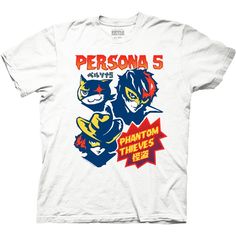 Unleash your rebellious spirit with the "Persona 5 Comic Style With Kanji" t-shirt, a vibrant and dynamic design that captures the essence of the Phantom Thieves' daring adventures, making it the perfect attire for those who are ready to steal hearts and embrace their inner persona, direct from our line of Officially Licensed Persona 5 Merch! Cotton Fandom Shirt With Cartoon Print, Fandom Short Sleeve Top With Screen Print, Cotton Fandom Shirt With Character Print, White T-shirt With Cartoon Print For Fan Conventions, Fandom Short Sleeve Top With Front Print, Fun Graphic Print Tops For Fan Conventions, Cotton Fandom T-shirt With Cartoon Print, Fandom Style Fan Merchandise Top With Front Print, Fan Merchandise Fandom Top With Front Print