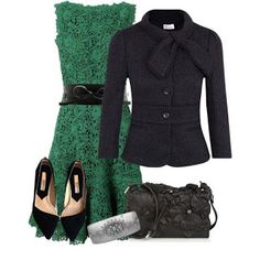 Black Blazer and Green laced Dress for Ladies Click the Picture to see more Church Fashion, Winter Typ, Black Accessories, Long Sleeve Lace Dress, Fashion Design Clothes, Black Blazer, Work Fashion