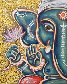 a painting of an elephant with a flower in it's mouth and the face painted on