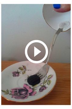 a person holding a spoon over a plate with flowers on it and the video below