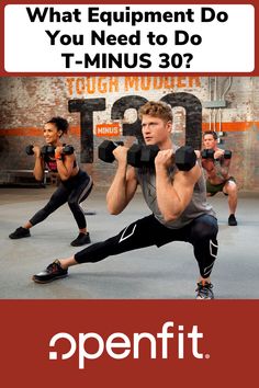 a man doing squats with dumbbells in front of him and the words what equipment do you need to do t - minus 30?