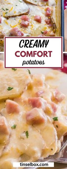 four different pictures with the words cream comfort potatoes on them and in front of it is a casserole dish