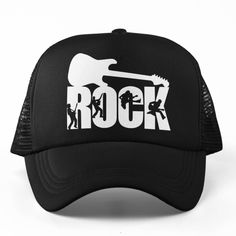 New Hat. For Men Or Women. Guitar Rock Graphic Foam Trucker Hat In Black. Lightweight Poly-Foam Trucker Cap With Mesh Back Curved Bill Visor For Optimal Shading Adjustable Plastic Snap Strap Adult Unisex One Size Fits Head Circumferences Ranged About 51-60cm Style Tags # Punk Rock Band Music Musician Cutout Text Art Bass Guitarist Electric Guitar Indie Concert Jam Session Bagged Sport Baseball Hat Cap Vacation Travel Hot Weather Guys Mens Womens Casual Outdoors Original Custom Cool Unique Handma Hip Hop Style Adjustable Trucker Hat With Flat Cap, Black Letter Print Trucker Hat Flat Cap, Black Baseball Cap For Music Festival, Indie Concert, Bass Guitarist, Jam Session, Punk Rock Bands, Band Music, Hat For Men