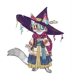 a drawing of a cat wearing a purple hat and dress with feathers on it's head