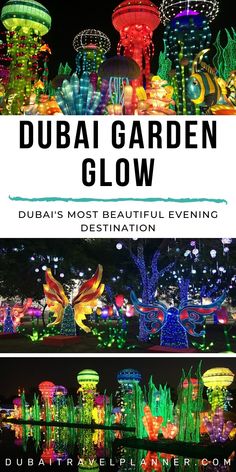 the dubai garden glow at night with text overlay