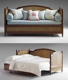 two pictures of a bed with pillows on it