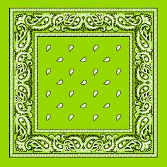 a green bandanna with white leaves and paisley designs on the border, in an ornate frame