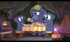 two cartoon characters sitting at a table with food in front of them and one is eating