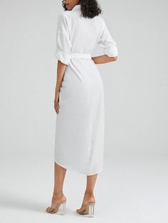 Solid Button Front Ruched Long Sleeve Belt Shirt Dress White Solid Color Shirt Dress, White Button-up Shirt Dress, White Button-up Solid Color Shirt Dress, White Solid Color Button-up Shirt Dress, White Solid Color Shirt Dress For Daywear, White Shirt Dress For Daywear, Elegant V-neck Relaxed Fit Shirt Dress, Elegant Shirt Dress With Roll-up Sleeves For Daywear, Non-stretch Buttoned Midi Dress