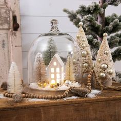 a glass clochet filled with snow and christmas trees on top of a wooden table