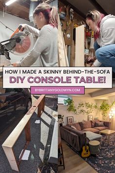 Want to build your own DIY behind-the-couch console table? See how we built a super long, super skinny one completely with a charging/power station! Behind Couch Table With Chairs, Sofa Table Behind Couch Against Wall, Couch Table Diy, Couch Console, Behind Sofa Table, Farmhouse Sofa Table, Slim Console Table, Couch Makeover, Townhouse Ideas