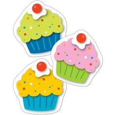 three colorful cupcakes with sprinkles and cherry on top are shown