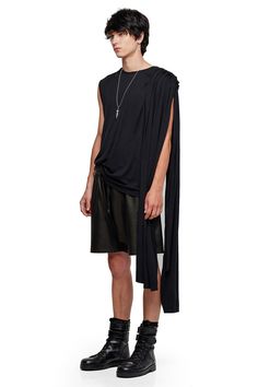 JONNY COTA T-SHIRT WITH SCARF IN BLACK Draped Menswear, Mens Cape, One Shoulder Shirt, Wrap Shirt, Supima Cotton, Classic Silhouette, Sleeveless Shirt, Body Fit, Lifestyle Brands