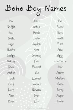 the boho boy names are shown in black and white