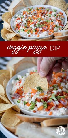 two pictures showing different types of dips and tortilla chips with the words veggie pizza dip above them