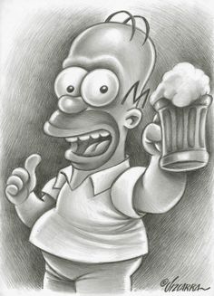 a drawing of homer holding a beer mug