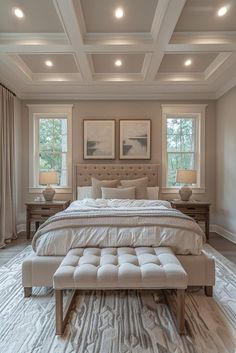 a large bed sitting under two windows in a bedroom