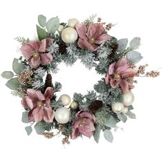 a christmas wreath with pink flowers and greenery on it, surrounded by white baubs