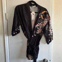 Short Kimono With Tie. Black With Flowers And Coy. One Size. Nwt Black Long Sleeve Kimono With Floral Print, Black Floral Print Kimono For Summer, Summer Black Floral Print Kimono, Black Printed Kimono With Kimono Sleeves, Casual Printed Black Kimono, Casual Black Printed Kimono, Short Kimono, Kimonos, Flowers