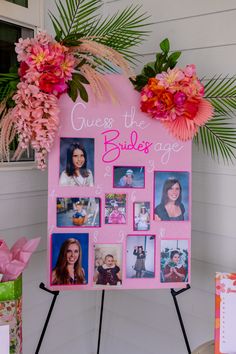 a pink sign with photos and flowers on it that says, guess the bulges