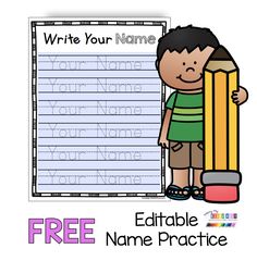 a boy holding a pencil next to a writing paper with the words write your name on it