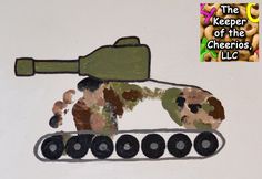 a child's drawing of a tank with peanuts in the background and an ad for cereal