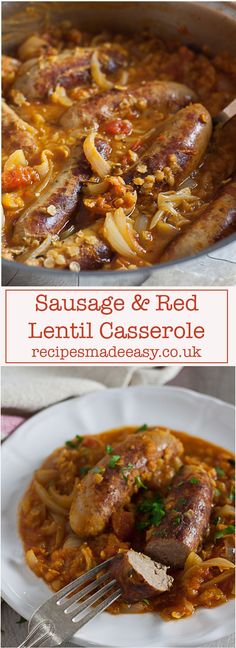 sausage and red lentil casserole in a white bowl