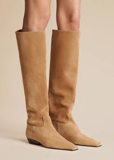 Marfa Knee-High Boot in Camel Suede– KHAITE Suede Wide Calf Boots With Suede Lining, Wide Calf Suede Boots With Suede Lining, Suede Boots With Stacked Heel And Square Toe, Suede Heeled Boots With Square Toe, Square Toe Suede Heeled Boots, Luxury Suede Knee-high Boots, Suede Wide Calf Heeled Boots With Almond Toe, Wide Calf Suede Heeled Boots With Almond Toe, Suede Boots With Reinforced Heel And Square Toe