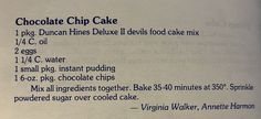 the ingredients for chocolate chip cake are shown in this close up photo, with information about it