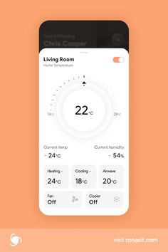 an app showing the time and temperature for living room, which is displayed on a phone screen