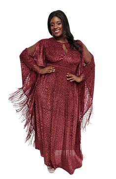 This beautiful 1960s style plus size caftan is crafted in a stunning sheer mesh fabric that features a velvet burnout throughout. Outfitted with a sultry front button keyhole and framed with long cold shoulder flutter sleeves accented with fringe. Complete with a back zipper! Unlined, Style is Sheer Back Zipper Front Keyhole Attached Fringe on Sleeves Plus Size Caftan, Princess Wardrobe, Embossed Velvet, Br Style, Burgundy Fabric, 1960s Style, Vintage Plus Size, Velvet Burnout, Burgundy Velvet