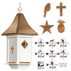 a white birdhouse with brown accents and crosses