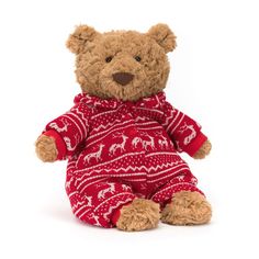 a brown teddy bear wearing a red and white sweater