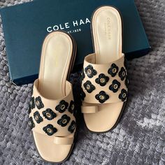 Brand New Cole Haan Chic Cream Flat Sandals, Spring Cream Sandals With Almond Toe, Chic Cream Slip-on Sandals, Casual Cream Almond Toe Sandals, Beige Almond Toe Sandals For Spring, Cole Haan Shoes, Black Cream, Cole Haan, Women's Shoes Sandals