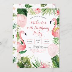 a flamingo themed birthday party with tropical leaves and flowers