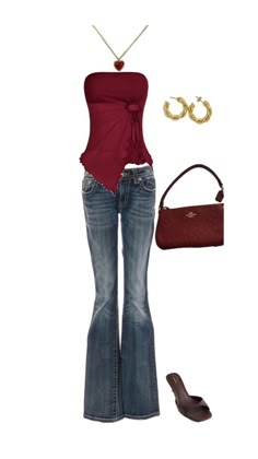 Y2k Red Outfit, Fashion Magazine Aesthetic, Red Top Outfit, Style Inspiration Trendy, Aesthetics Fashion, Outfits 2000s, 2000s Outfits, Top Jeans, Red Necklace