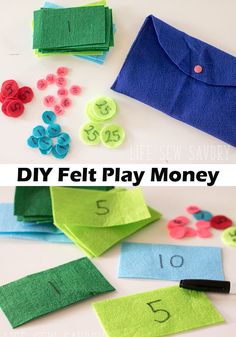 the instructions to make felt play money for kids with buttons and numbers on paper towels