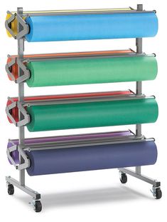 a multicolored rolling rack with six rolls